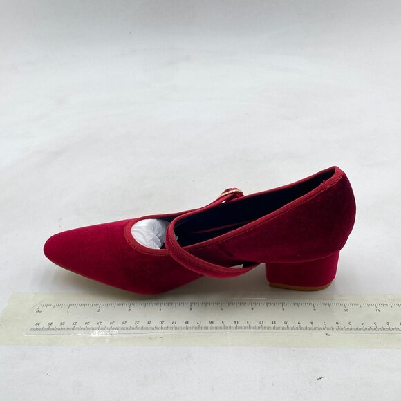 XYD Wine Elegant Velvet Pointed Toe Mary Jane Pumps Chunky Heel Slip On Shoes - Picture 2 of 7